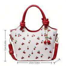 Cherry Print Tote Bag For Women, Fashionable Shoulder Sling Bag, Large Capacity Commuter Handbag With Free Cherry Keychain - Đỏ - Xem 11