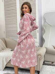 1pc Women's Heart & Bow Print Robe, Elegant & Fashionable, Thick & Warm For Autumn/Winter, Comfortable For Outdoor, Vacation, And Loungewear, Fluffy, Cozy - Pink - View 3