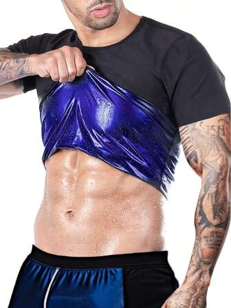 1pc Men's Sweat Enhancing Short Sleeve Shirt, Silver Lining Insulation, Fitness Gym Workout Sweat Inducing Clothing, Rapid Sweating, Temperature Locking Sweat Boosting Fitness Top