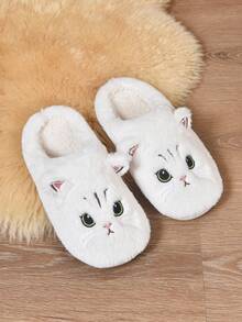 女士秋冬防滑毛绒拖鞋，可爱卡通猫咪图案，保暖厚底室内拖鞋，米色，毛茸茸的鞋子 - 米色 - 查看 5