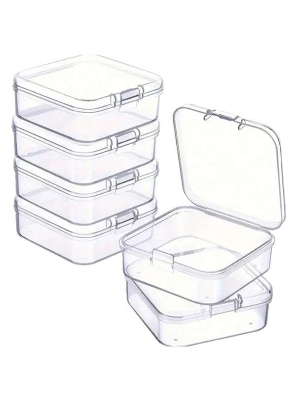 6pcs New Square Transparent Plastic Box Small Items Stationery Jewelry Storage Box Lid Open Seal Dustproof Plastic Box