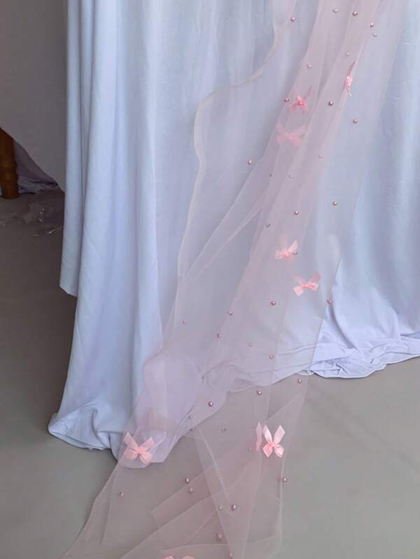 Bow Pearl Table Runner 32"*78.7"/32"*118.11" Pink Pearl Tulle Tablecloth Satin Bow Chiffon Tulle Pearl Lace Sheer Table Cloth For Wedding Arch Bridal Shower Dessert Table Decorations