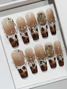 10 Stücke reine handgefertigte Aufklebe-Nägel extra lange Sarg-Nägel Hot Girl Nail Art Maillard Leopard Muster Französisch kleine Diamanten sanft elegante Nägel für Damen und Mädchen Herbst Winter Festivals Partys und täglichen Gebrauch