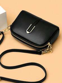 2-Layer Zipper Diagonal Shoulder Bag, Fashionable PU Soft Leather Women's Handbag, Simple Versatile Clutch, Middle-Aged Women's Bag, Shoulder Small Purse - Black - View 1