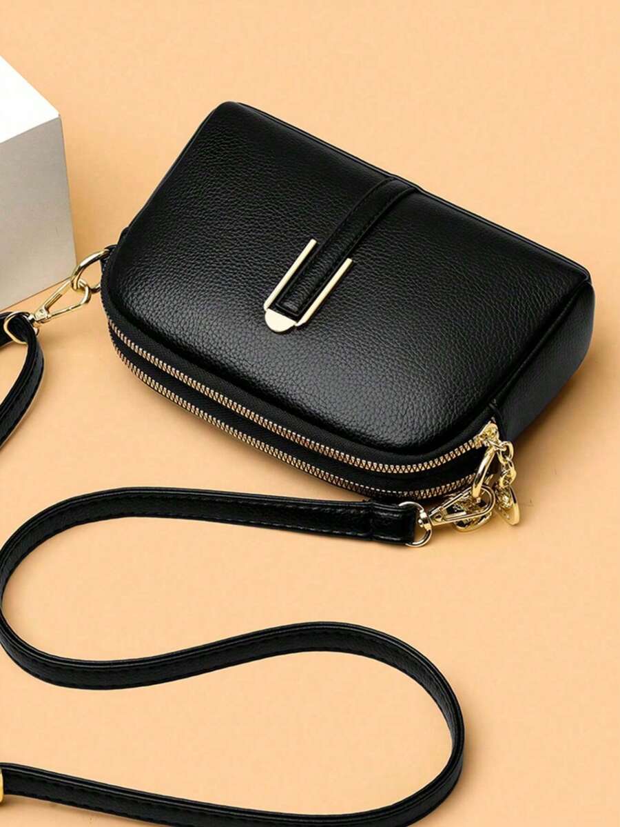 2-Layer Zipper Diagonal Shoulder Bag, Fashionable PU Soft Leather Women's Handbag, Simple Versatile Clutch, Middle-Aged Women's Bag, Shoulder Small Purse - Black - View 1