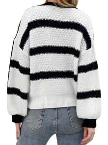 Women's Striped Loose Fit Sweater Fashionable Casual V Neck Long Lantern Sleeve Knit Patchwork Tops