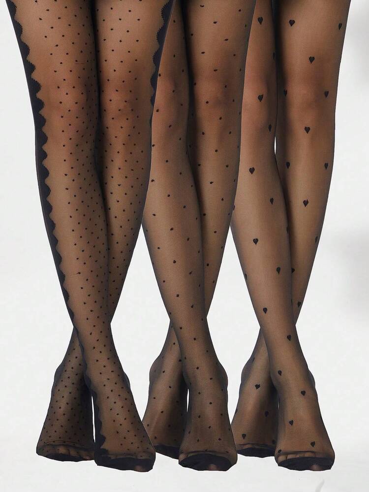 3 Pairs Women's Fashion Black Jacquard Heart Polka Dot Tights, Anti-Snag, Durable, High Elasticity, Suitable For Lolita JK Casual Wear, Comfortable And Warm - Black - View 9