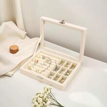 Porta Joias De Veludo Com Tampa Caixa Organizadora de Jóias Adaptável E Fecho Luxo Bijuterias Brincos Anéis Dedeira - Bege - Visão 5