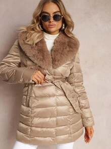 Quilted Jacket With Belt And Fur Collar - Beige - View 4