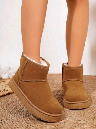 ISPORTE Un par de nuevas botas de nieve de suela gruesa de invierno para mujer, nuevos zapatos de algodón de suela gruesa de color sólido, zapatos de senderismo al aire libre, botas cortas casuales versátiles, botas que aumentan la altura, botas de nieve marrones simples, de talla grande, fáciles de poner y quitar.