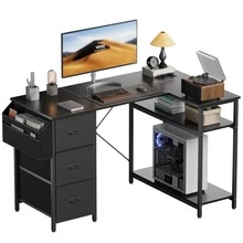 HLONONE Escritorio de 120/140 cm con 3 cajones de tela y bolsa de almacenamiento, escritorio de computadora de esquina con estantes para oficina y oficina en casa, 4 colores