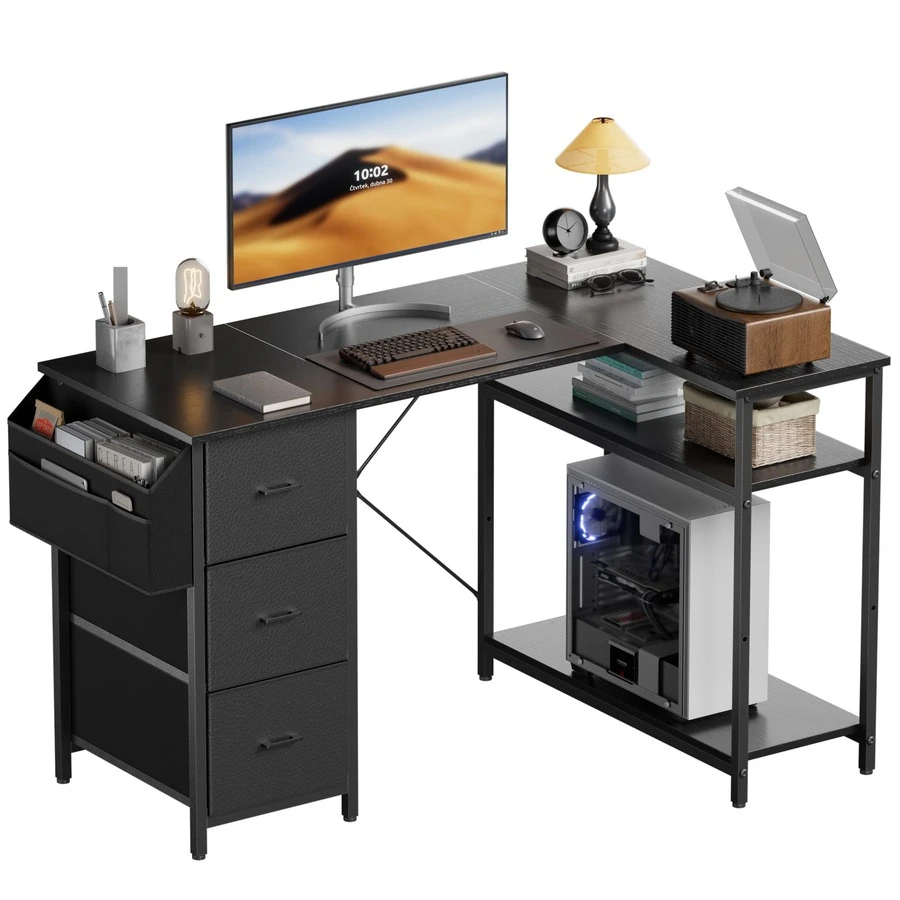 HLONONE Escritorio de 120/140 cm con 3 cajones de tela y bolsa de almacenamiento, escritorio de computadora de esquina con estantes para oficina y oficina en casa, 4 colores