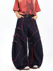 1pc Japanese Style Patchwork Embroidered Frayed Hem Wide Leg Jeans, Men's Personalized Streetwear Distressed Relaxed Fit Long Pants (Belt And Accessories Not Included) - Blue - View 1