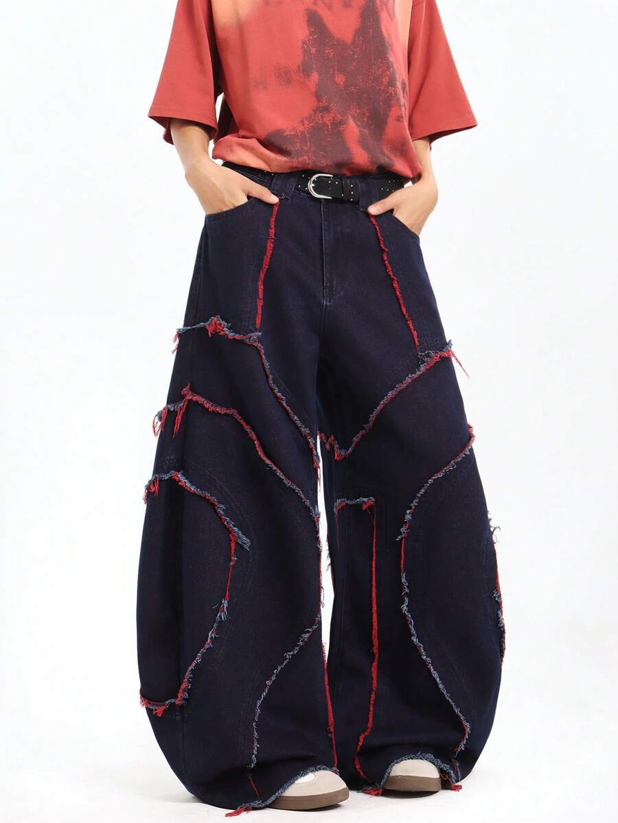 1pc Japanese Style Patchwork Embroidered Frayed Hem Wide Leg Jeans, Men's Personalized Streetwear Distressed Relaxed Fit Long Pants (Belt And Accessories Not Included) - Blue - View 1