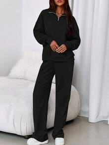 Women's Fall/Winter Casual Set Quarter-Zip Hoodie & Straight-Leg Pants Sportswear Set - 黑色 - 查看 3