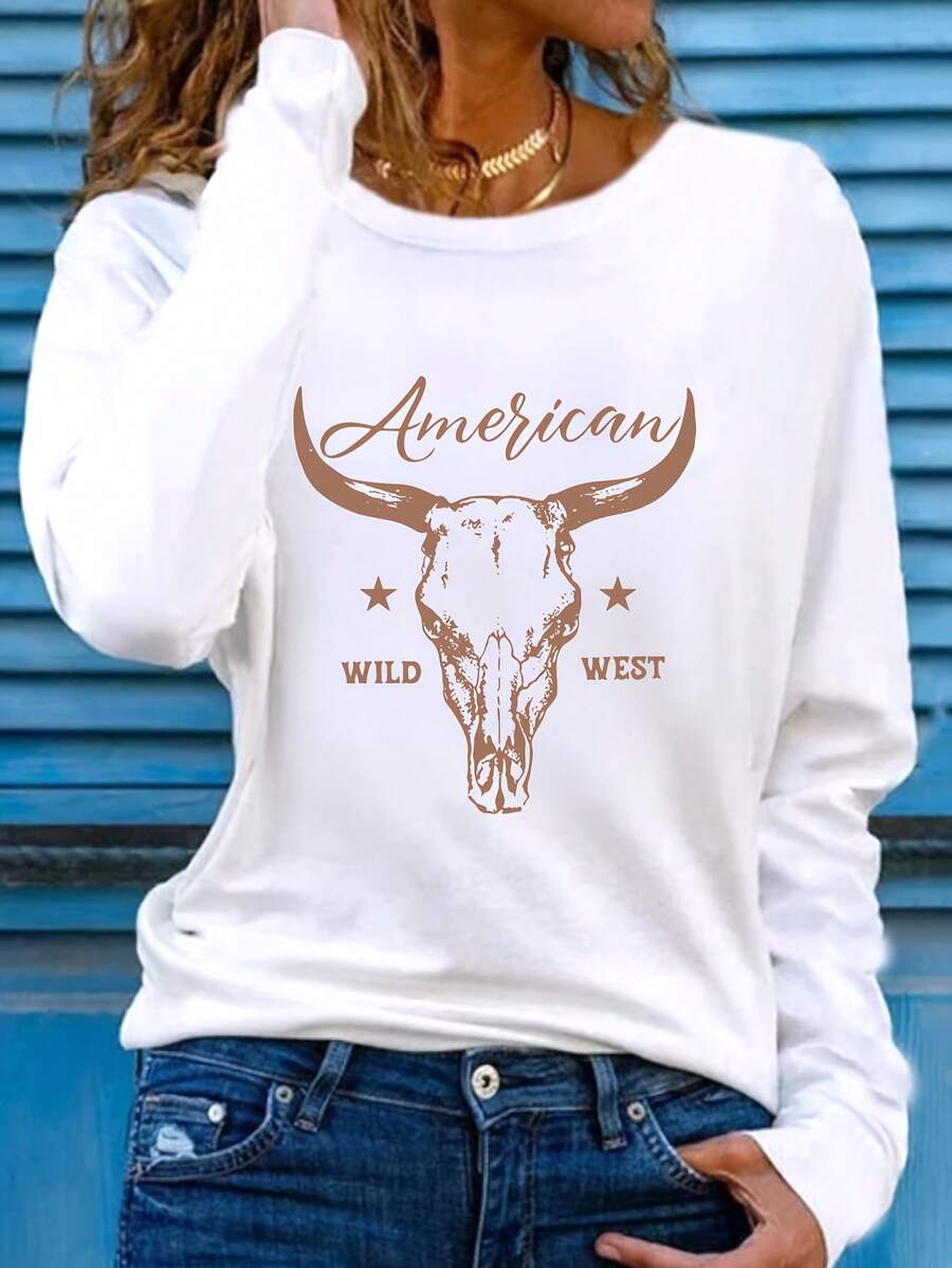 Women's Western Cow Skull And Star Pattern Printed Long Sleeve Round Neck T-Shirt - Chestnut Color Casual Top With "American Wild West" Text, Medium Elasticity, Machine Washable, Non-See-Through Material, Suitable For Autumn And Winter 2025 - 白色 - 查看 1