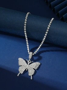 Sparkling Zinc Alloy Rhinestone Butterfly Pendant Necklace, Gorgeous Claw Chain Series Necklace, Women's Party Dinner Themed Necklace