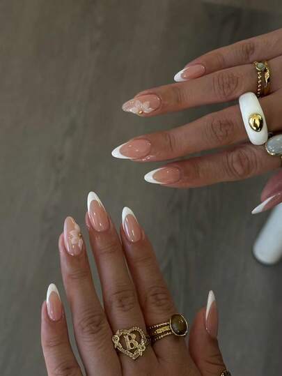 24Pcs Long Almond 3d Gelnails Makes Flower Nails Design French Tip Press On Nails With Pearl Decorate Design Fit Perfectly Acrylic False Nails Set,Include: 1pc Jelly Glue And 1pc Nail File, French Almond Tip Nails For Woman Girl Daily Work Festivals Party Use