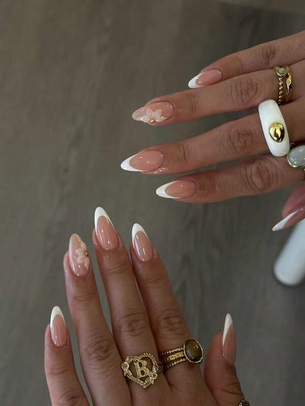 24Pcs Long Almond 3d Gelnails Makes Flower Nails Design French Tip Press On Nails With Pearl Decorate Design Fit Perfectly Acrylic False Nails Set,Include: 1pc Jelly Glue And 1pc Nail File, French Almond Tip Nails For Woman Girl Daily Work Festivals Party Use