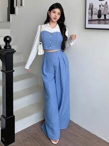 abyoxi 女士蓝白撞色领长袖单排扣两用短款衬衫，休闲通勤日常简约办公装，秋冬款 - 藍白色 - 查看 4