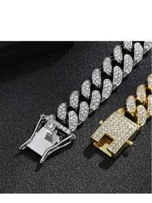 1 Set Unisex Personalized Silver, Hip Hop Rhinestone Encrusted Thick Necklace & Bracelet Butterfly Clasp Combination, European And American Style Thick Gold Chain, Street Hip Hop Rhinestone Necklace & Bracelet Set, Suitable For Women's Daily Wear