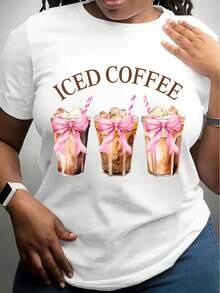 Casual Loose Summer T-Shirt With A Pink Iced Coffee Bow Print
