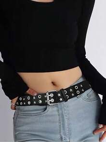 Cinturón de cintura con doble hebilla de remache con estrella vintage para niños y adolescentes, accesorio de ropa con hebilla de aguja fina de PU, cinturón de decoración de jeans de estilo callejero de alta gama para niña