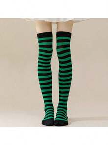 1 Pair Christmas Over-The-Knee High Socks,Women Striped Christmas Costume Over-The-Knee Socks, Green & White Striped Thigh High Warm Stockings For Winter,A Variety Of Colors, Stylish Photo Props,Gifts For Friends, Christmas Party Decorations Home Decor Christmas Decorations Room Decor