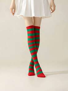 1 Pair Christmas Over-The-Knee High Socks,Women Striped Christmas Costume Over-The-Knee Socks, Green & White Striped Thigh High Warm Stockings For Winter,A Variety Of Colors, Stylish Photo Props,Gifts For Friends, Christmas Party Decorations Home Decor Christmas Decorations Room Decor