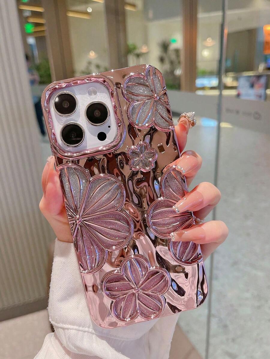 Glitter Electroplated Vintage Minimalist Personalized 3D Painting Flower TPU Phone Case Compatible With IPhone 17, IPhone 17 Pro, IPhone 17 Air, IPhone 17 Pro Max - Pink - View 1