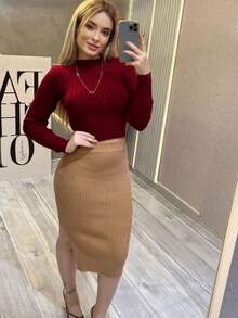 Cropped Long Sleeve Ribbed Modal Knit Women's Blouse Boat Neck Winter Fashion Knit - Nude - View 2