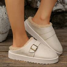 1 Paar hellfarbige Kunstvelours Stiefel mit Metallschnalle, flauschiger Borte und dicker Sohle für Damen, warm und modisch für Herbst/Winter Alltagsmode