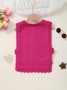 Girls' Spring/Summer/Autumn Knitted Cable Knit Round Neck Embroidered Hollow-Out Side Sleeveless Vest - Hot Pink - View 7