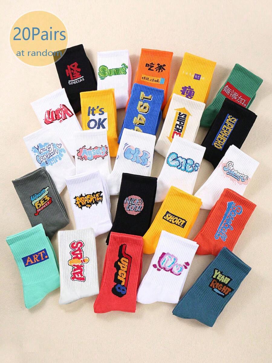 20 Pairs Abstract Art Print Graffiti Crew Socks For Men, Street-Style, Suitable For Daily Wear, Fall Socks - Multicolor - View 1