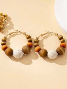 1 Pair Women Wooden Bead Hoop Earrings, Suitable For Daily Wear, Autumn/Winter