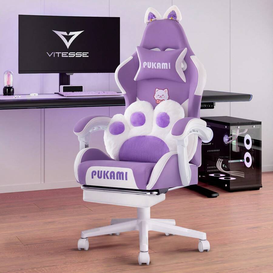 Pink Gaming Chair For Girls With Cat Paw Lumbar Cushion & Cat Ears, Ergonomic Reclining Computer Chair With Footrest & Headrest For Kids & Adults - Màu tím - Xem 1