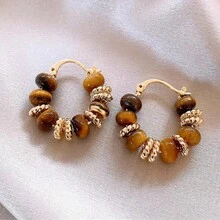 Pair Of Vintage Elegant Tiger'S Eye Beaded Hoop Earrings For Women - Golden-Tone Leaf Accents, Ideal For Parties, Weddings, Birthdays, And Casual Attire - màu nâu - Xem 4