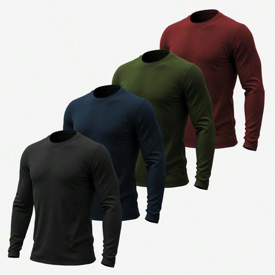 Kit 4 Men's Long Sleeve Cotton Round Neck T-Shirt - 黑色 藍色 綠色 酒紅色 - 查看 1