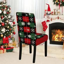 1/4/5/6/7/36 pièces Housse de chaise/Housse de siège à carreaux rouges, verts et noirs avec imprimé flocon de neige blanc, convient pour la maison, le restaurant, l'hôtel, un choix idéal pour la décoration quotidienne moderne. La nappe s'adapte à une table carrée, la housse de chaise élastique est lavable.