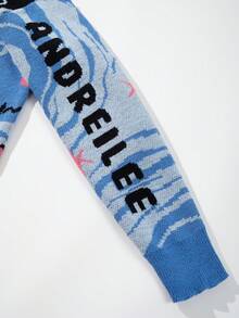 ANDREILEE Áo len dài tay dáng rộng, thoải mái, unisex, phong cách tối giản, màu trơn, họa tiết hoạt hình khảm, thích hợp cho mùa tựu trường và đi làm. - Màu xanh lam - Xem 9