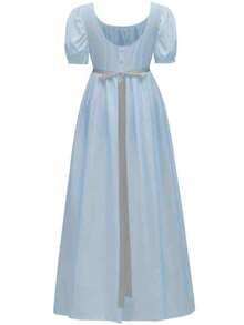 Victorian Style Tea Dress With Satin Belt, Vintage Ball Gown Costume With Square Neck And Puff Sleeves - Blue - View 4
