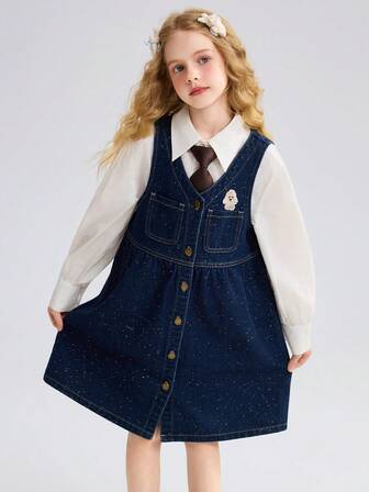  Vestido vaquero para niña preadolescente ASK JUNIOR, vestido de princesa con escote en V, vestido jumper sin mangas, estilo escolar para otoño