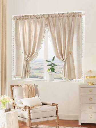 1pc Beige Faux Linen-Like Fabric Short Curtain, Japanese Minimalist Style With Tassels, Divider Curtain/Coffee Curtain, Suitable For Window, Cabinet And Door Decor