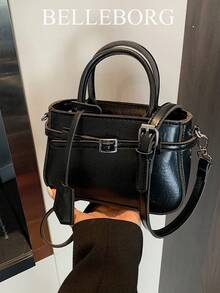 Casual Contrast Color Texture Versatile Commute Retro Leather Buckle Small Handbag For Women - màu đen - Xem 5