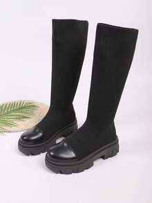 Women's Fashionable Thick Sole Mid-Calf Boots, Black Woven Breathable Casual High-Top Elastic, Slimming Stylish Versatile, Spring/Autumn British Style - Black - View 8