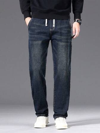Plusstorlekar Herrjeans med Raka Ben och Dragsko i Midjan, Lösa Casual Jeans