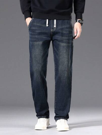 大码男士抽绳腰直筒宽松休闲牛仔裤