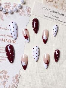 10片手工杏仁形渐变白色和深红色波点星形设计时尚优雅假指甲美甲用品 - 彩色 - 查看 5