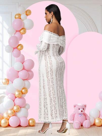 JustVH Elegant Lace Off-Shoulder Flare Sleeve Maternity Dress, Fitted Maternity Evening Gown, Suitable For Baby Shower, Photo Shoot, Party And Other Occasions White Spring