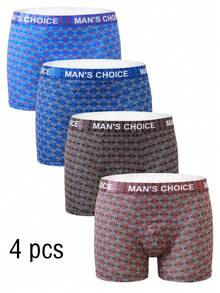 4-Piece Set Of Novel Pattern Letter Printed Men's Boxer Shorts, Made Of Polyester Fiber High Elasticity Fabric, Men's Underwear, Men's Boxer Underwear Soft And Skin Friendly, Men's Boxing Shorts Fashionable And Avant-Garde, Quick Drying, Mischievous And Cute, Suitable For All Seasons To Wear.